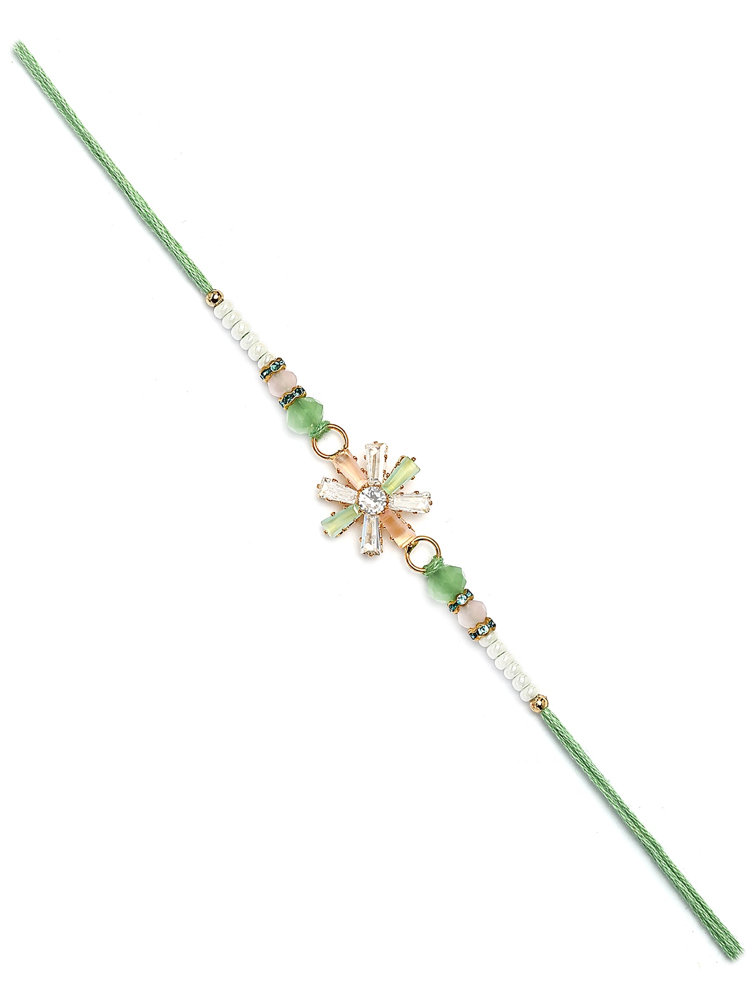 Karatcart Peach and Lime Green Rhinestones Floral Bhiya Rakhi with Roli & Chawal