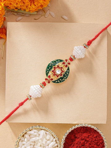 KARATCART Elegant Floral Design Red and Green Meena Handmade Rakhi for Brother with Roli Chawal