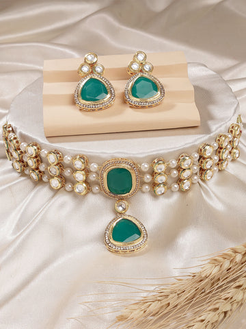 Karatcart Green Polki Kundan Choker Necklace Set for Women