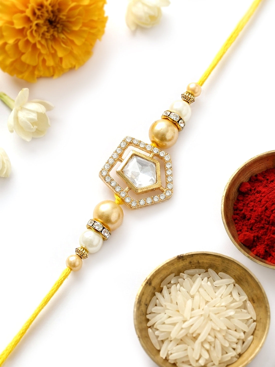 KARATCART Traditional Handmade Golden Beads Polki Kundan Rakhi for Brother with Roli & Chawal