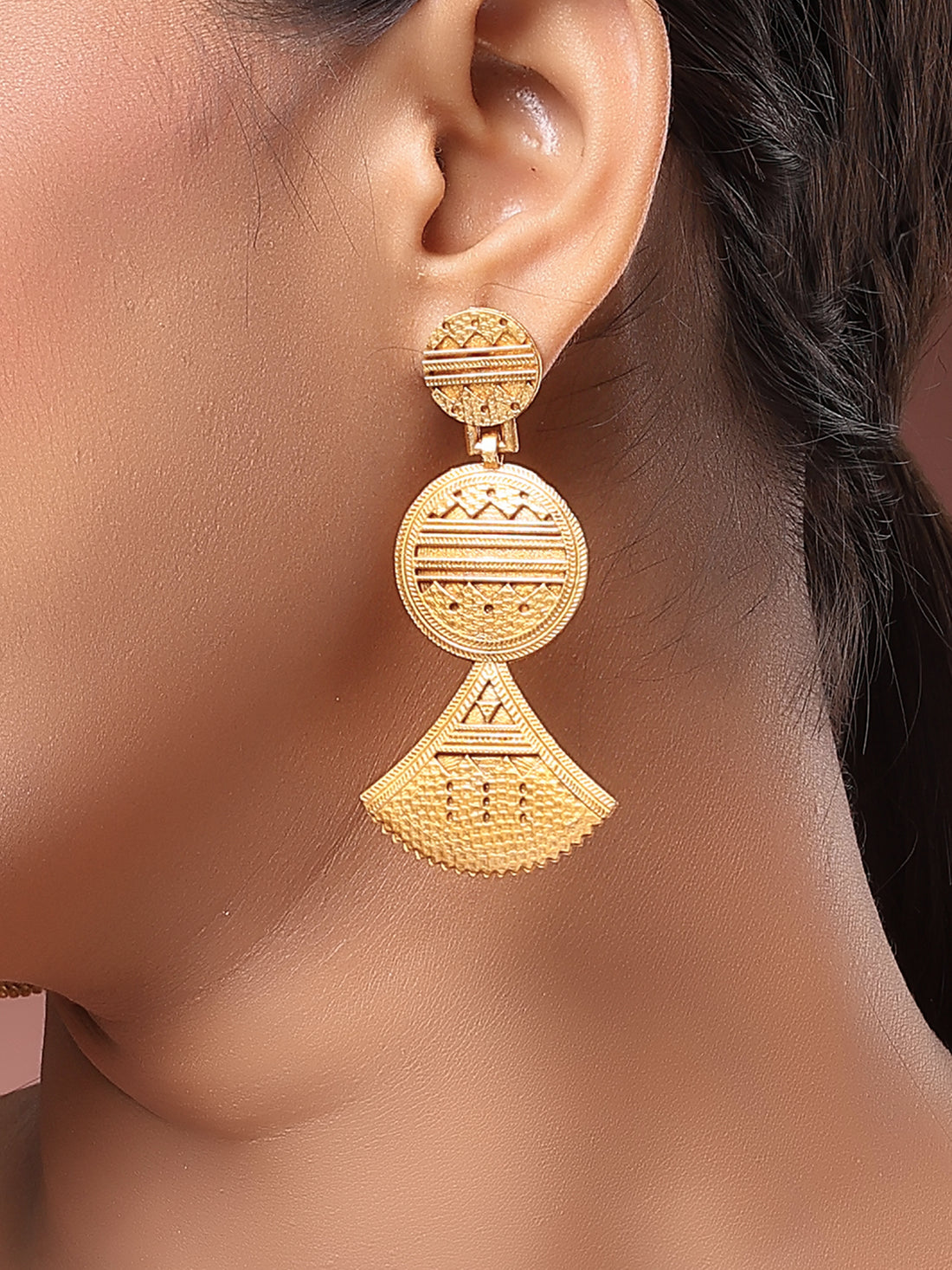 Karatcart Antique Gold Plated Ethnic Tribal Engraved Designer Drop Earrings for Women