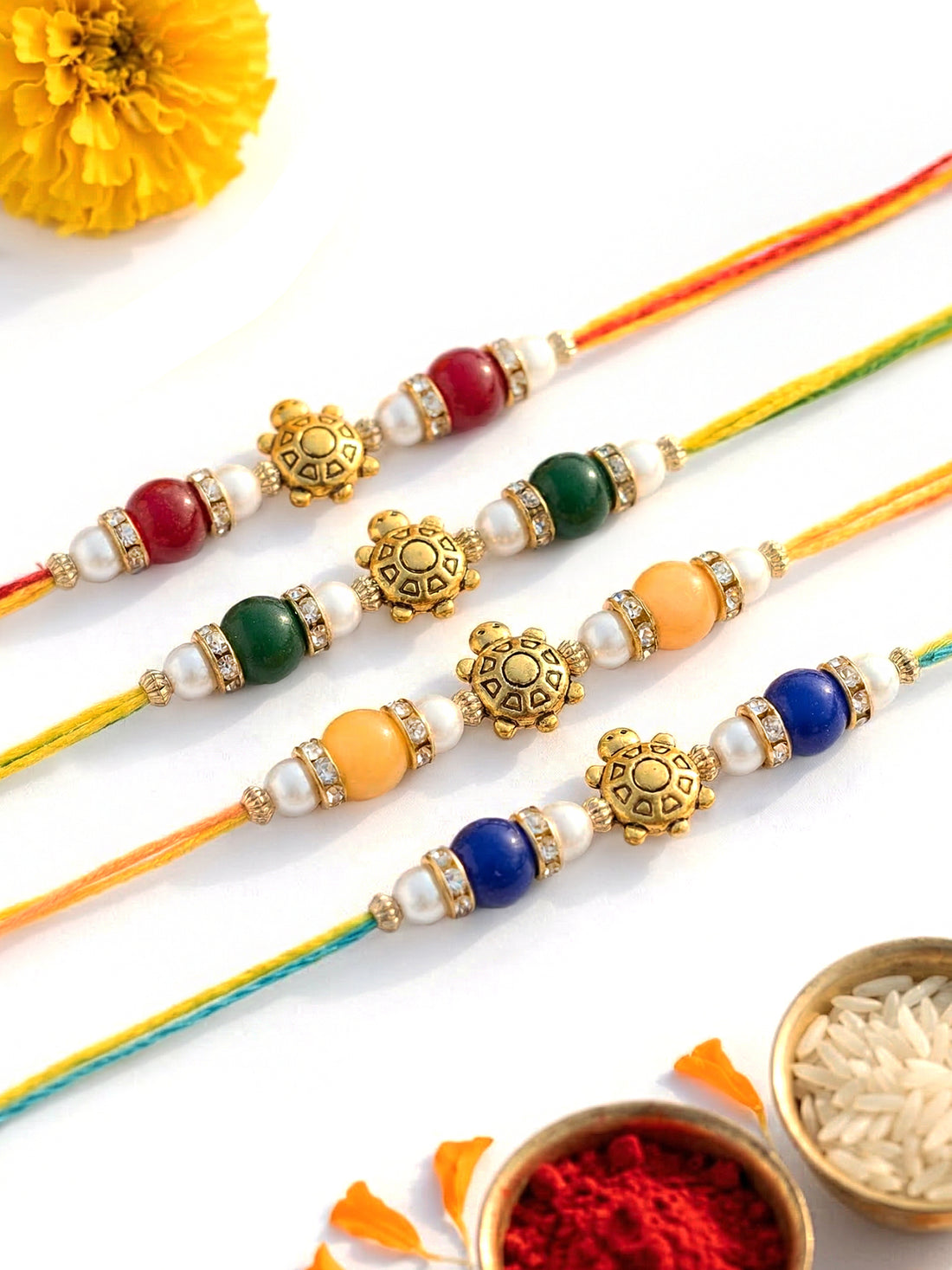 KARATCART Set of 4 Turtle Charm Beaded Rakhi for Brother with Roli & Chawal
