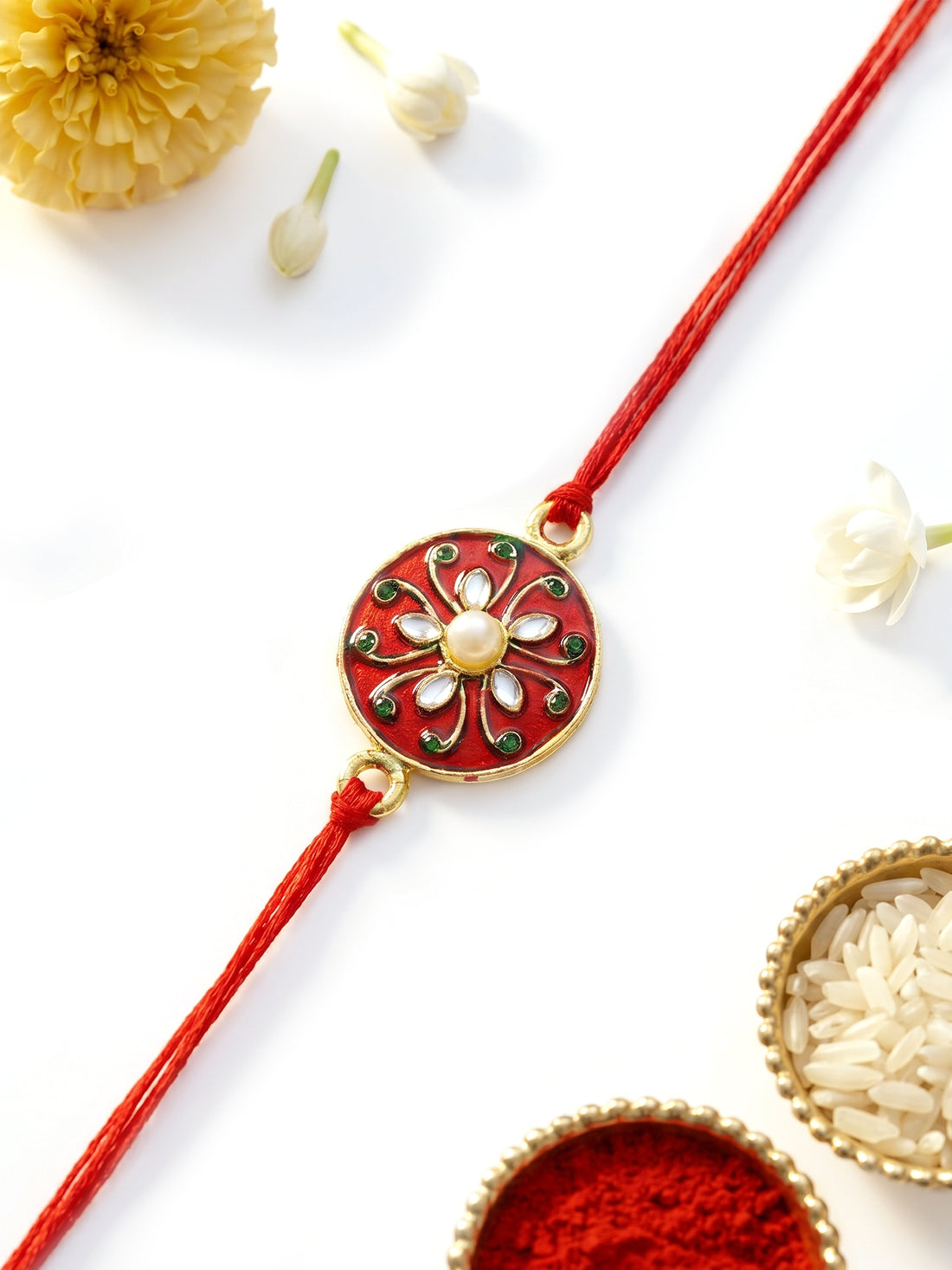KARATCART Classic Red Meenakari Floral Design Handmade Rakhi for Brother with Roli Chawal