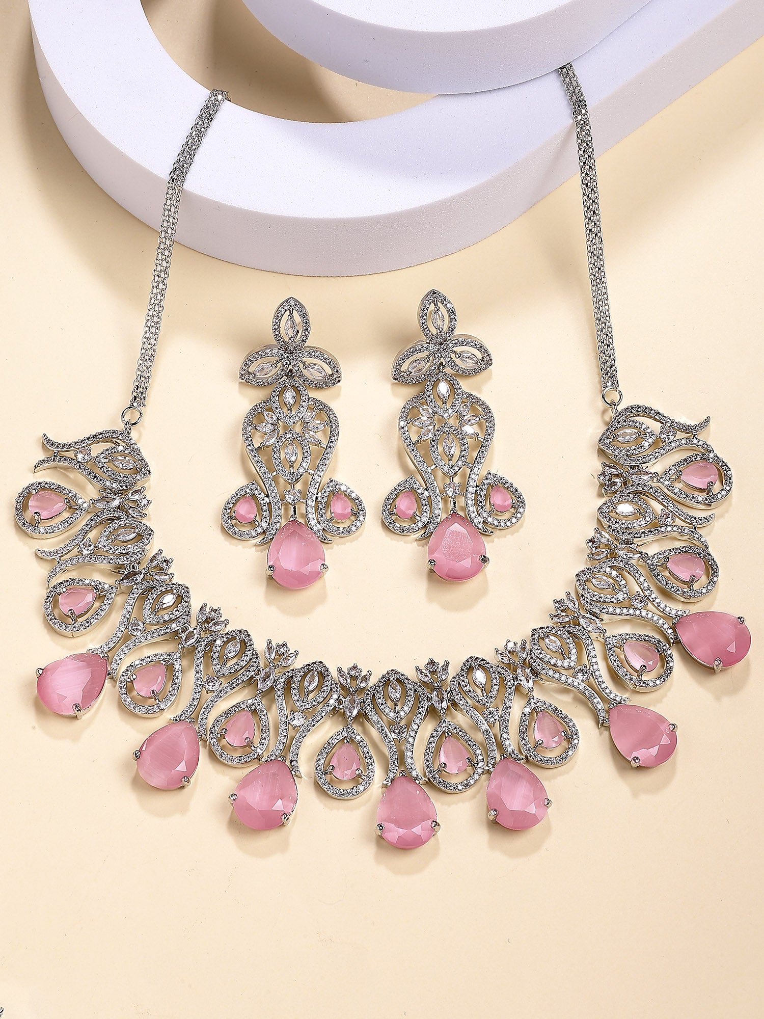Karatcart Traditional Royal Design Pink American Diamond Necklace Set for Women