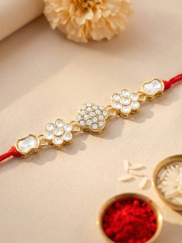 KARATCART Gold Plated White Stone Floral Kundan Bhaiya Rakhi with Roli & Chawal