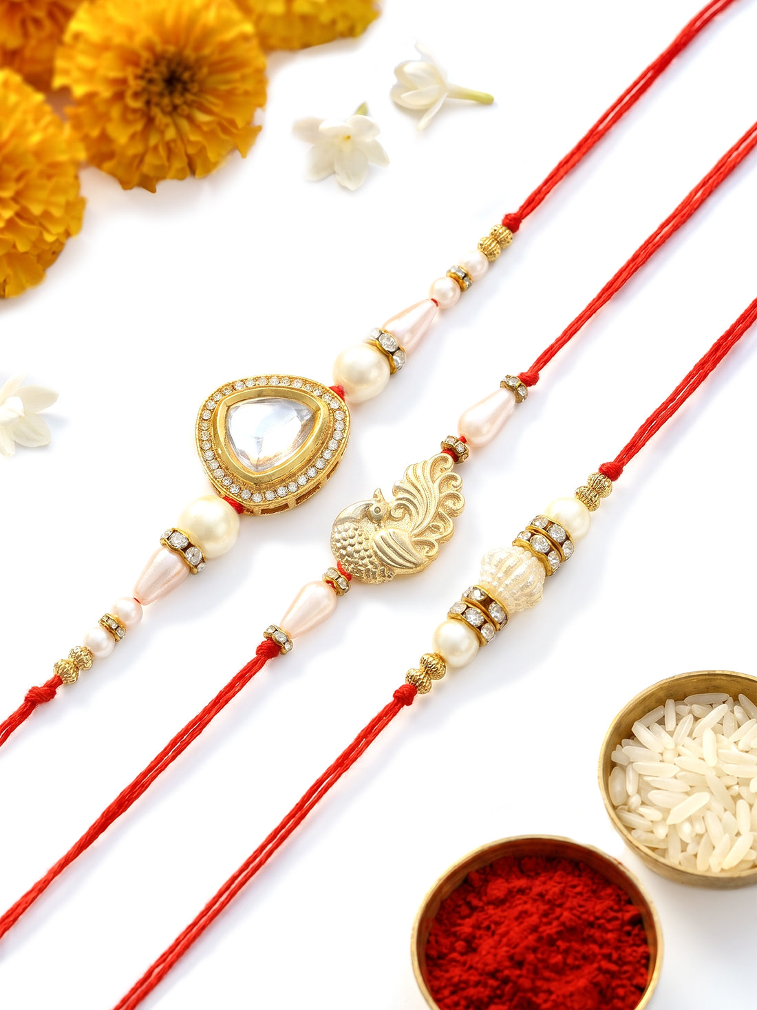 KARATCART Set of 3 Handmade Polki Kundan Rakhis for Brother with Roli and Chawal