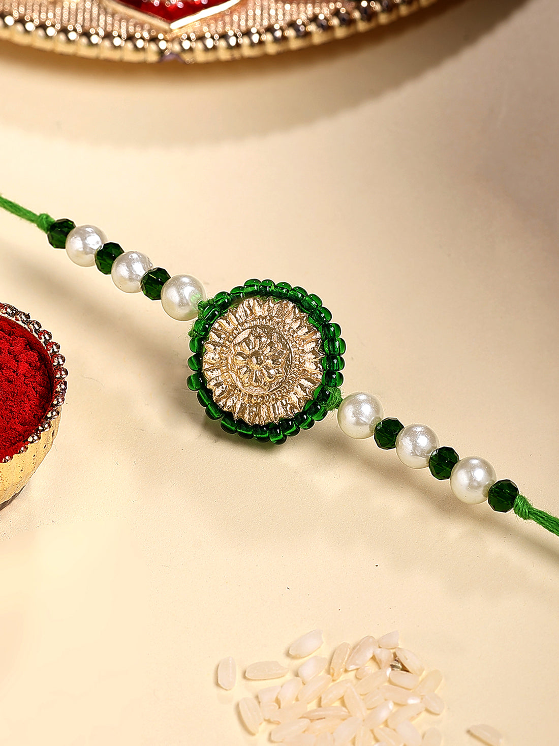 Karatcart Gold Plated Green Crystal Floral Kundan Bhiya Rakhi with Roli & Chawal