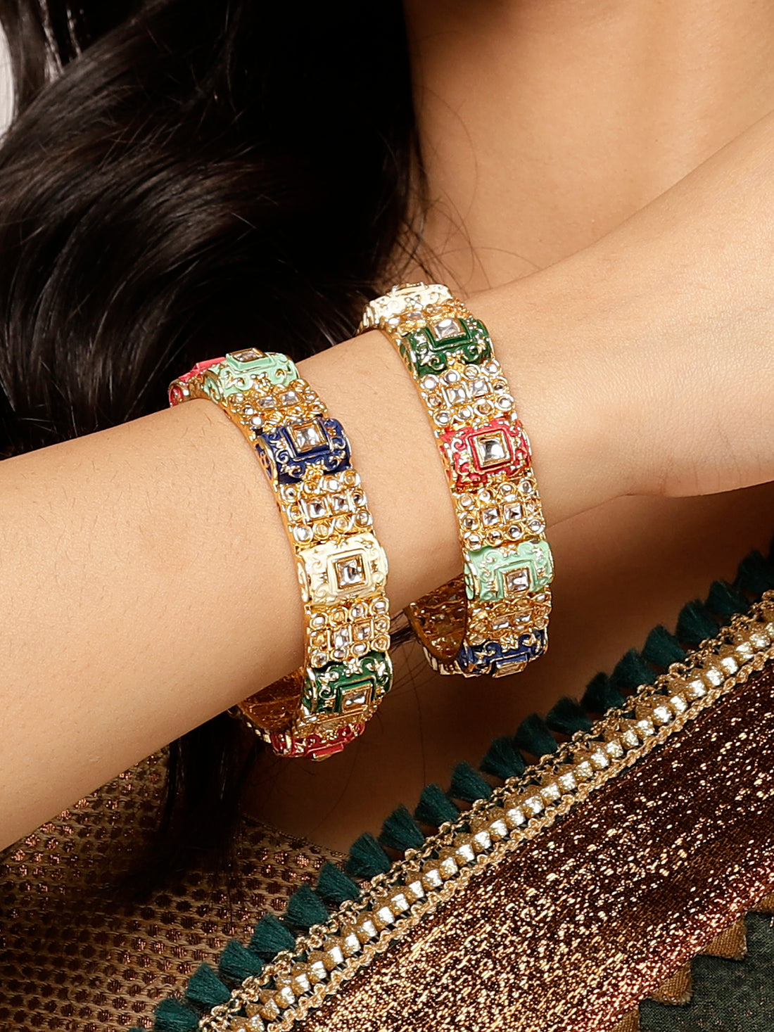 Karatcart Gold Plated Navratan Meena Bangles Set for Women
