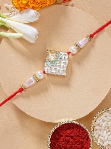KARATCART Beautiful Sea Shell Design Meenakari Handmade Kundan Rakhi for Brother with Roli & Chawal
