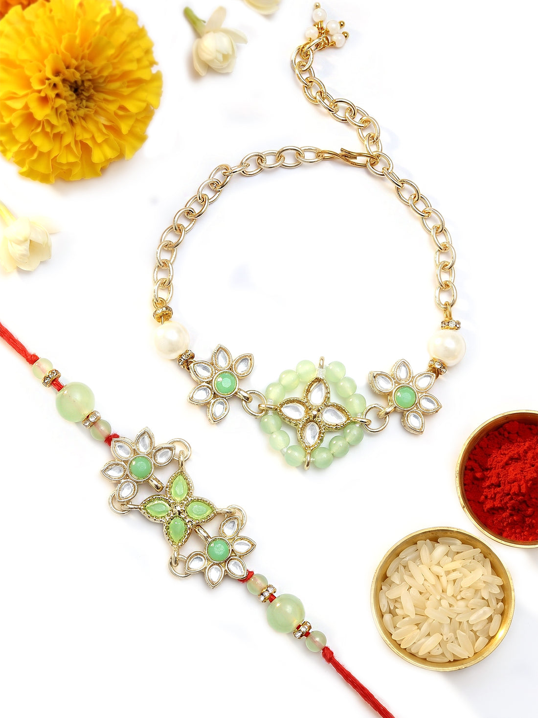 KARATCART Light Green Beads Floral Design Handmade Kundan Bhaiya Bhabhi Rakhi with Roli & Chawal
