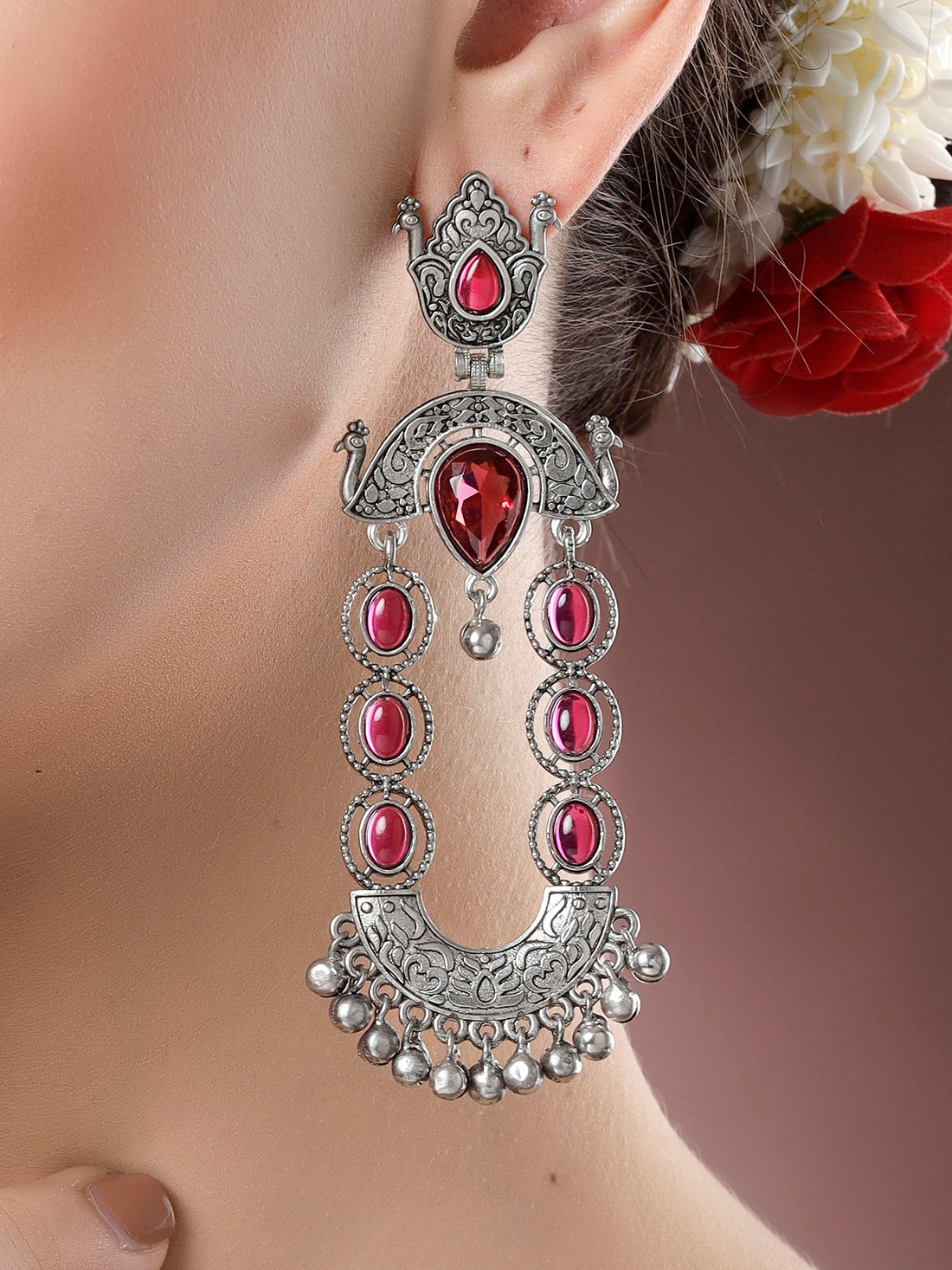 Karatcart Oxidised Silver Red Stone Dangler Earrings for Women