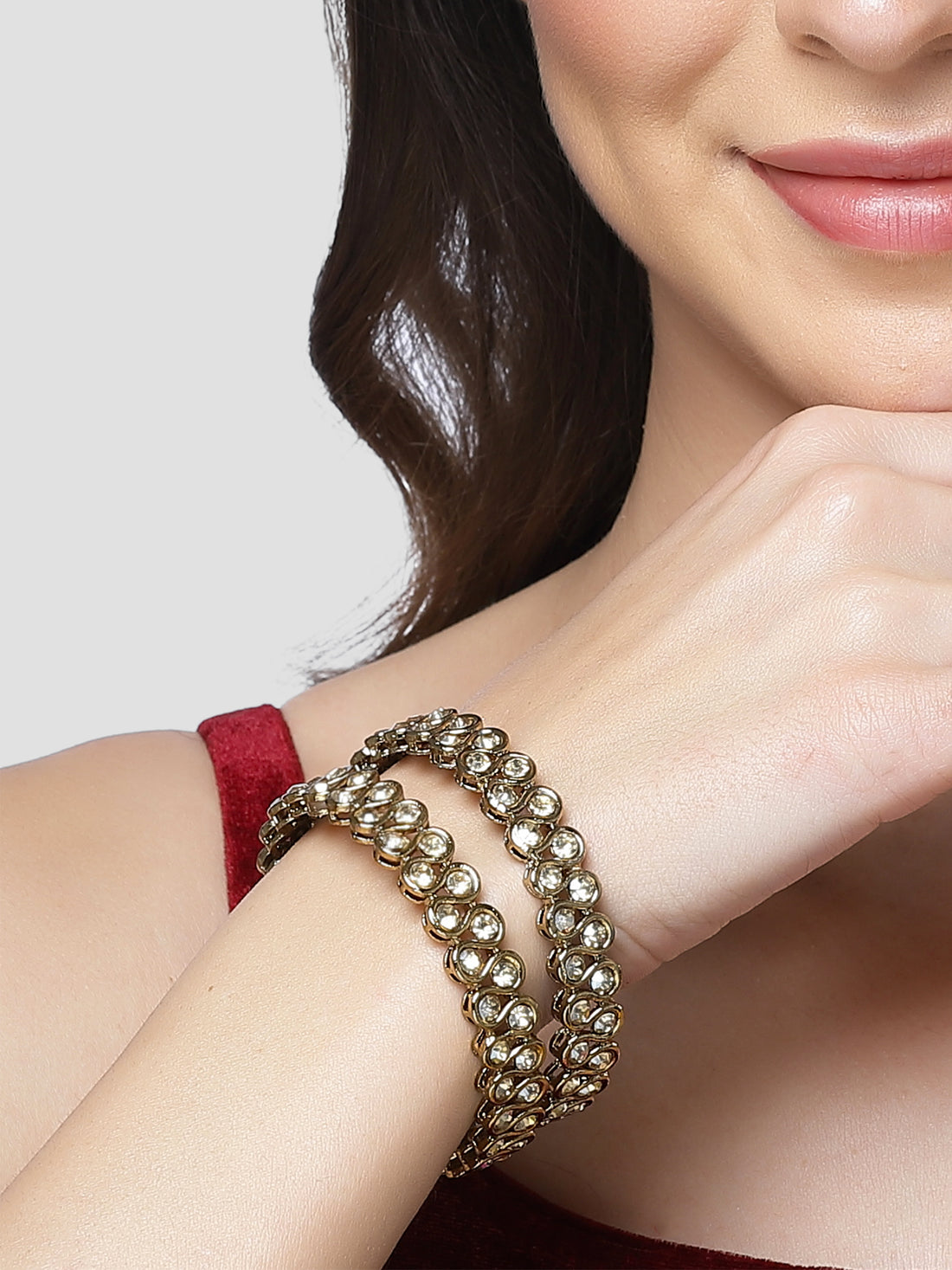 Karatcart Antique Gold Plated Golden Kundan Studded Bangles for Women