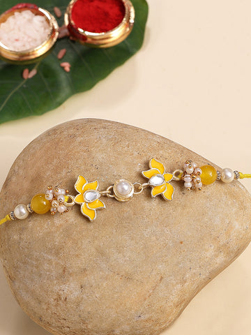 KARATCART Gold Plated Yellow Meena Lotus Kundan Bhaiya Rakhi with Roli & Chawal