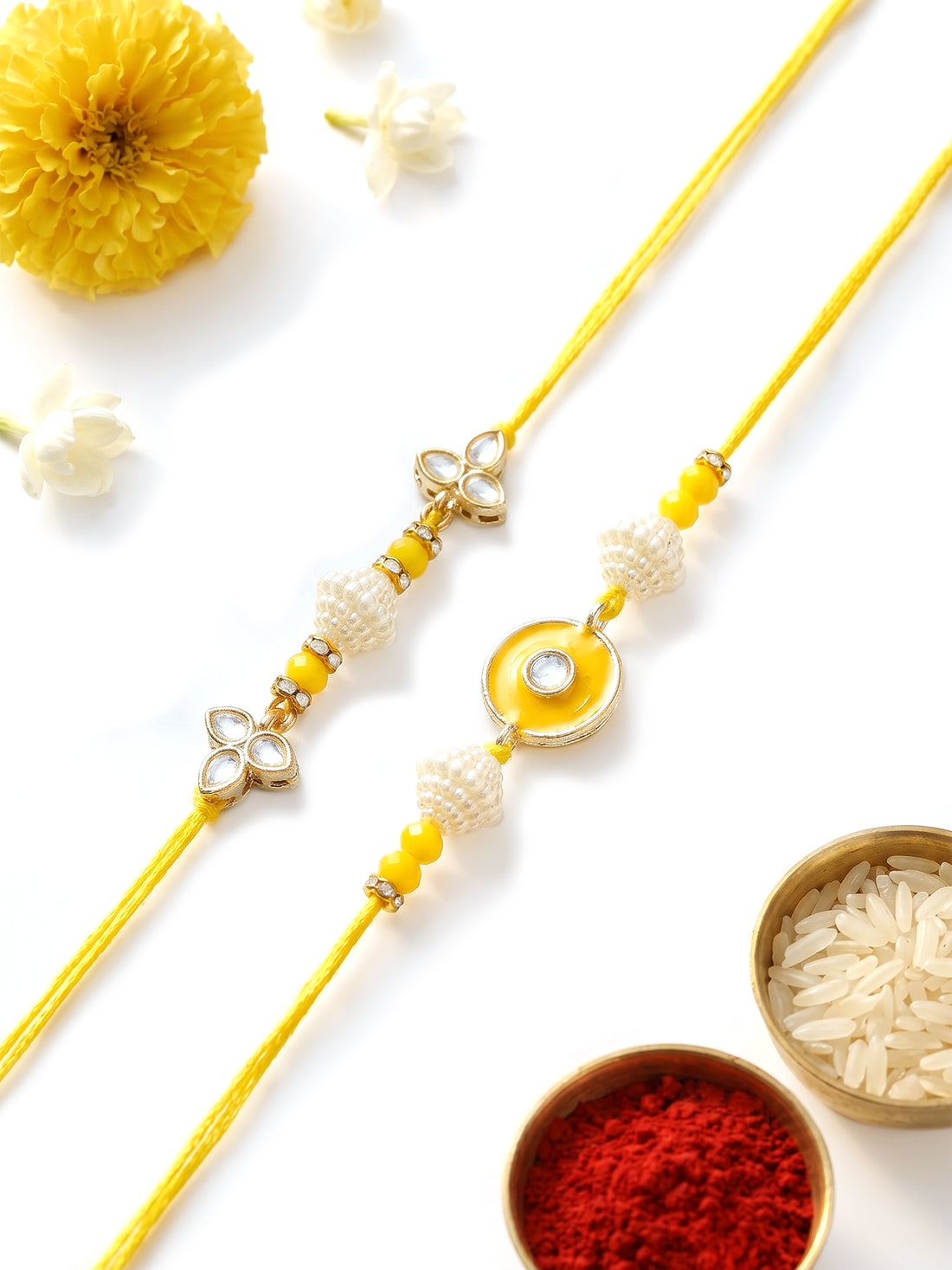 KARATCART Set of 2 Yellow Meena Evil Eye Handmade Kundan Rakhi for Brother with Roli & Chawal