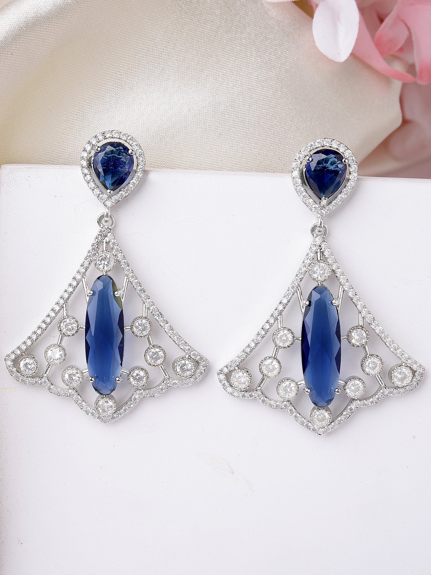 Karatcart Sparkling Silver Plated Earrings with Blue American Diamond Drops