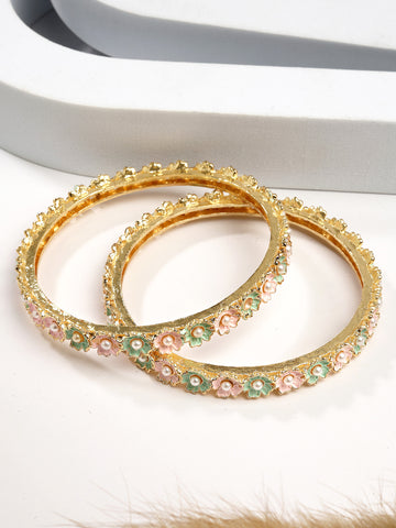 Karatcart Delicate Floral Design Pink & Mint Green Enamel Set of 2 Bangles for Women
