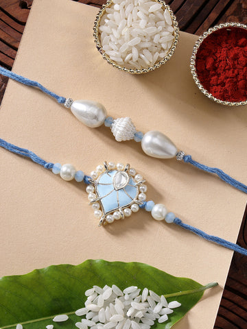 KARATCART Set of 2 Light Blue Heart Shape Handmade Kundan Rakhi for Brother with Roli & Chawal