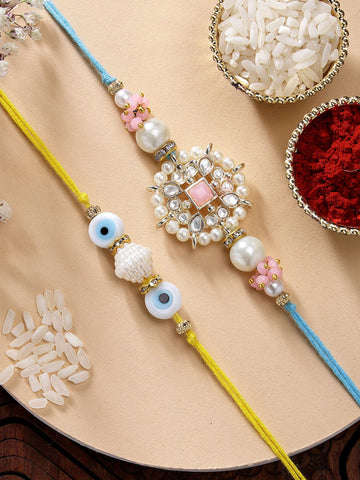 KARATCART Set of 2 Evil Eye and Pink Floral Kundan Handmade Rakhi for Brother with Roli & Chawal