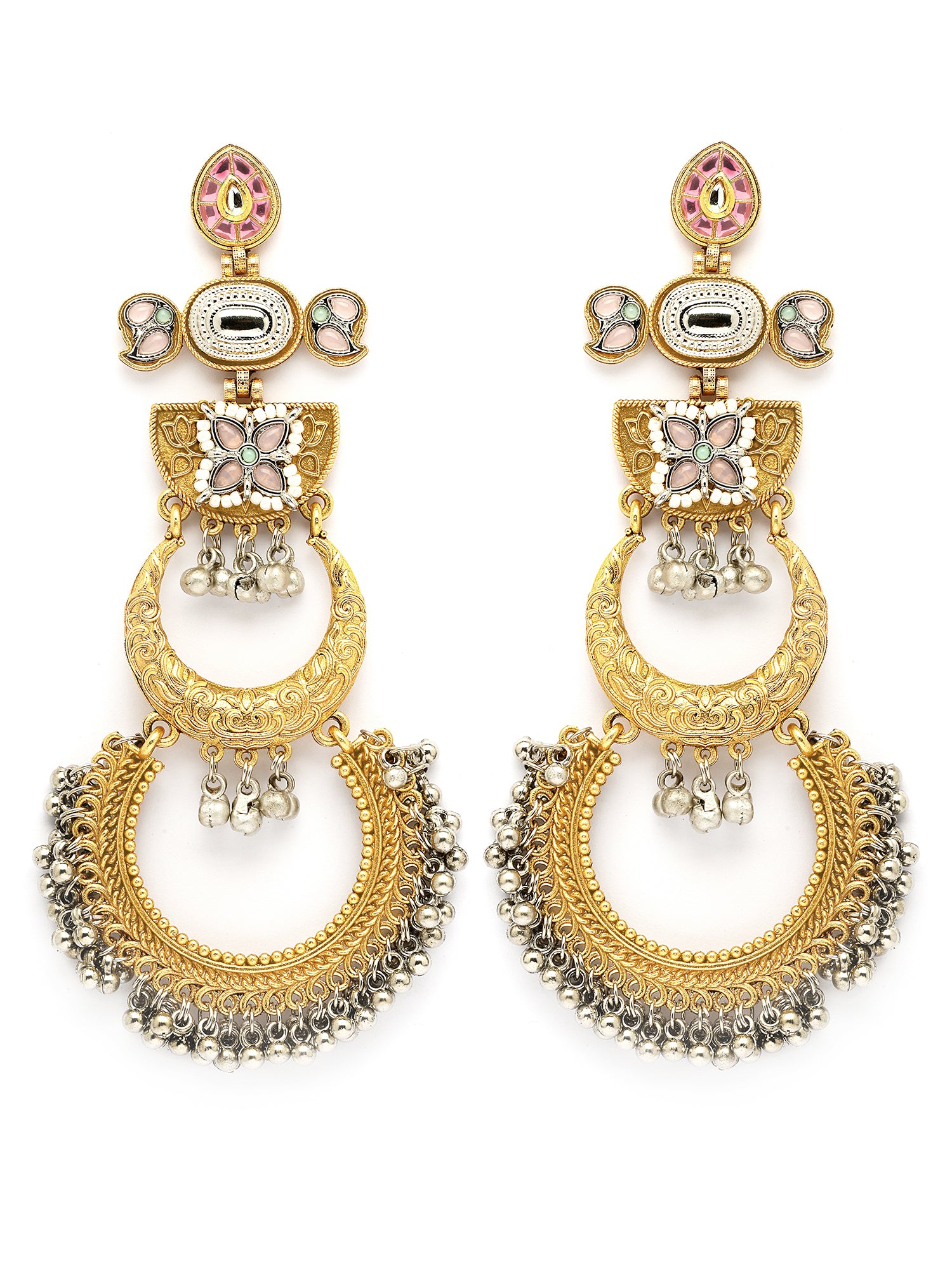 Karatcart Ethnic Gold-Plated Pink Stone Dual Chand Long Dangler Earrings for Women - view 4
