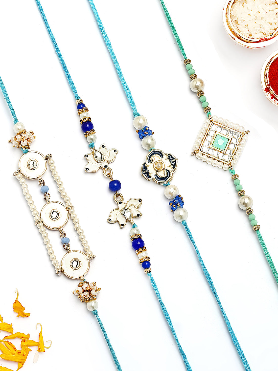KARATCART Set of 4 Blue and White Enamel Floral Design Kundan Rakhi for Brother with Roli & Chawal