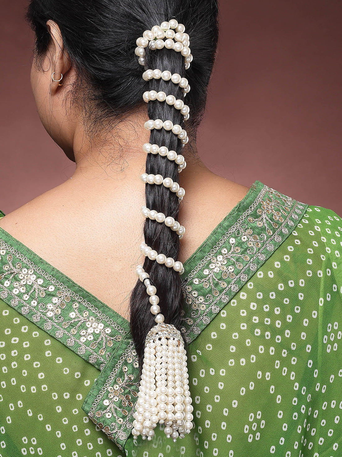 Karatcart Traditional Spiral Pearl Hair Choti with Gold Plated Beaded Tassel for Women