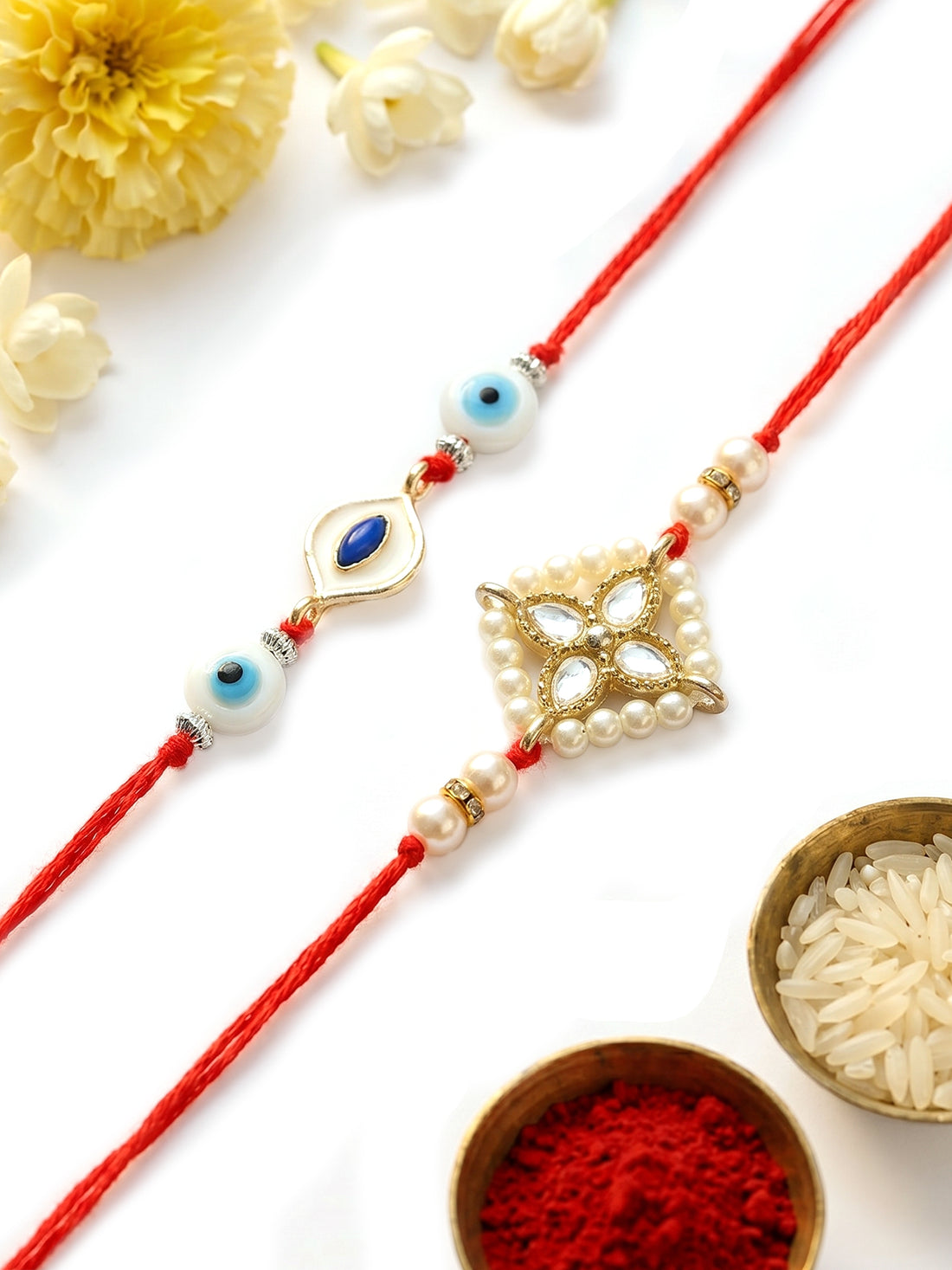 KARATCART Set of 2 Blue Evil Eye Handmade Meenakari Kundan Rakhi for Brother with Roli and Chawal