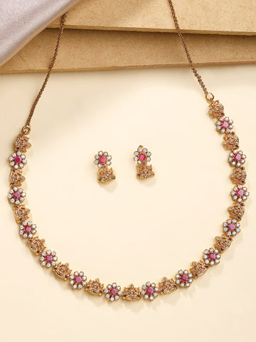 KARATCART Traditional Gold-Plated Laxmi Mata Red American Diamond Temple Jewellery Set for Women