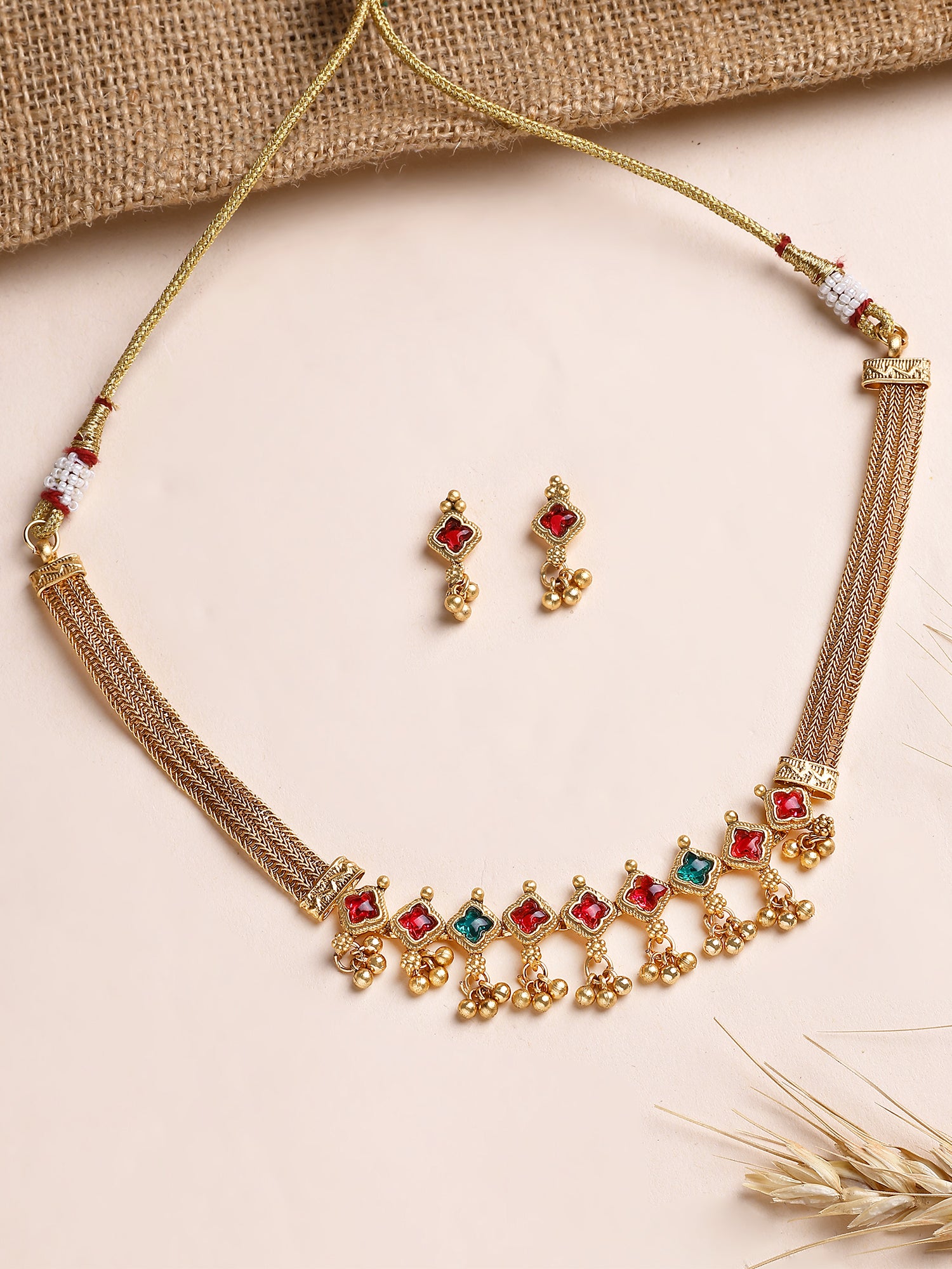 KARATCART Traditional Gold-Plated Red and Green Square Stone Necklace Set for Women - Image 1