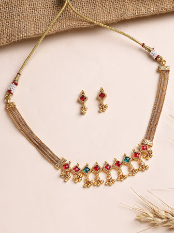 KARATCART Traditional Gold-Plated Red and Green Square Stone Necklace Set for Women