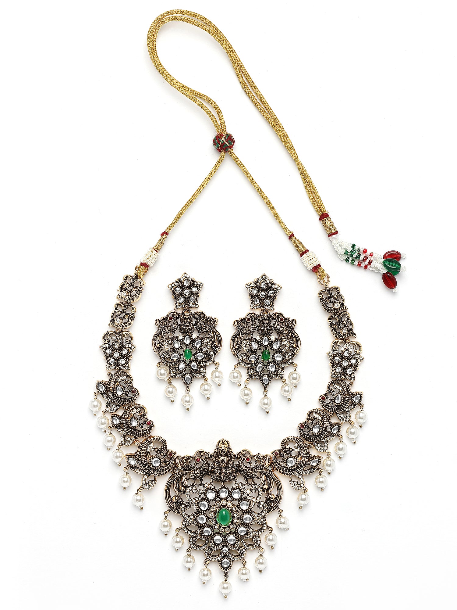 Karatcart Antique Gold Plated Green Stone Temple Jewellery Set for Women - view 5