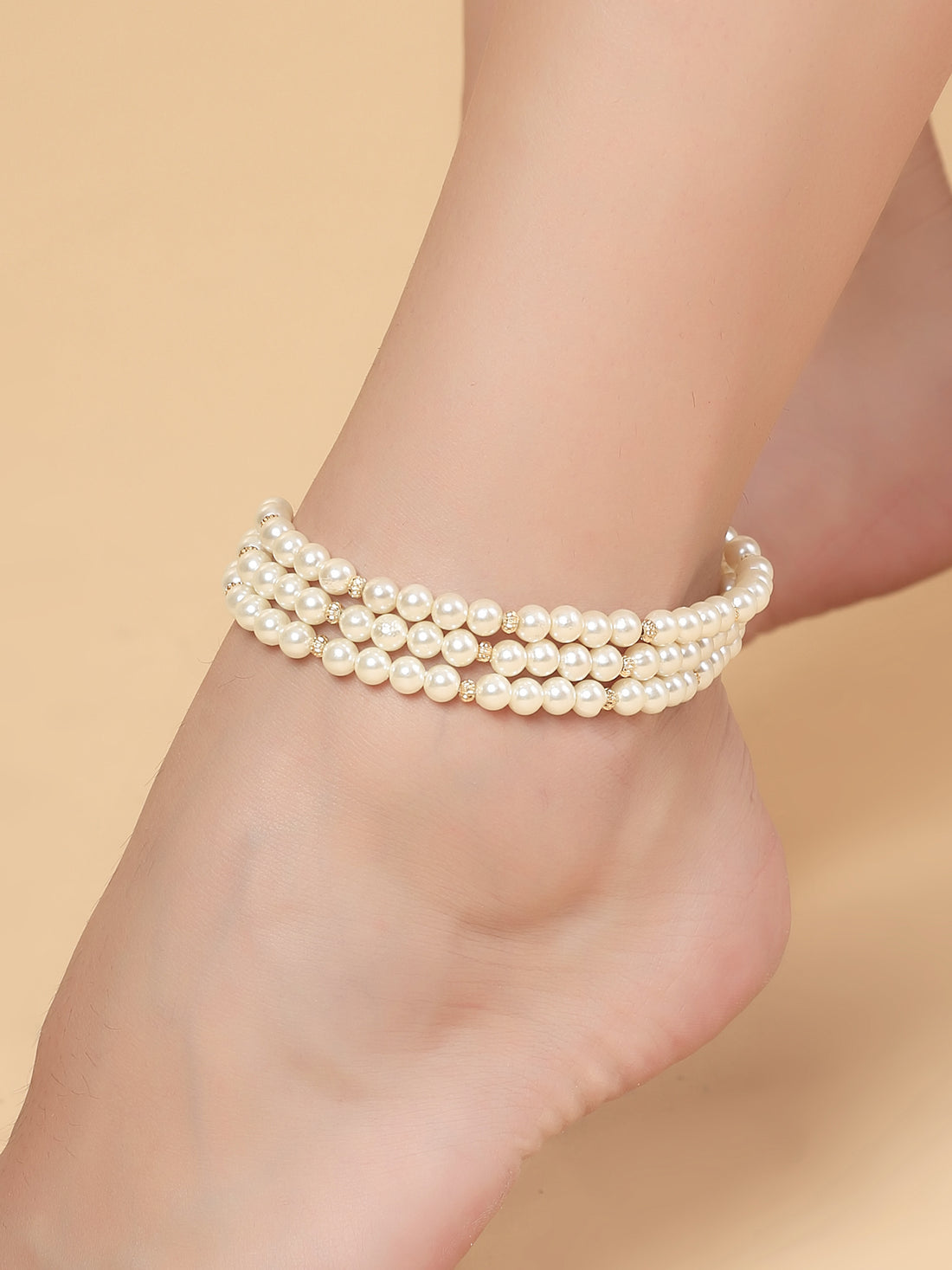 Karatcart Elegant Triple Layer Pearl Anklet with Gold Accents for Women