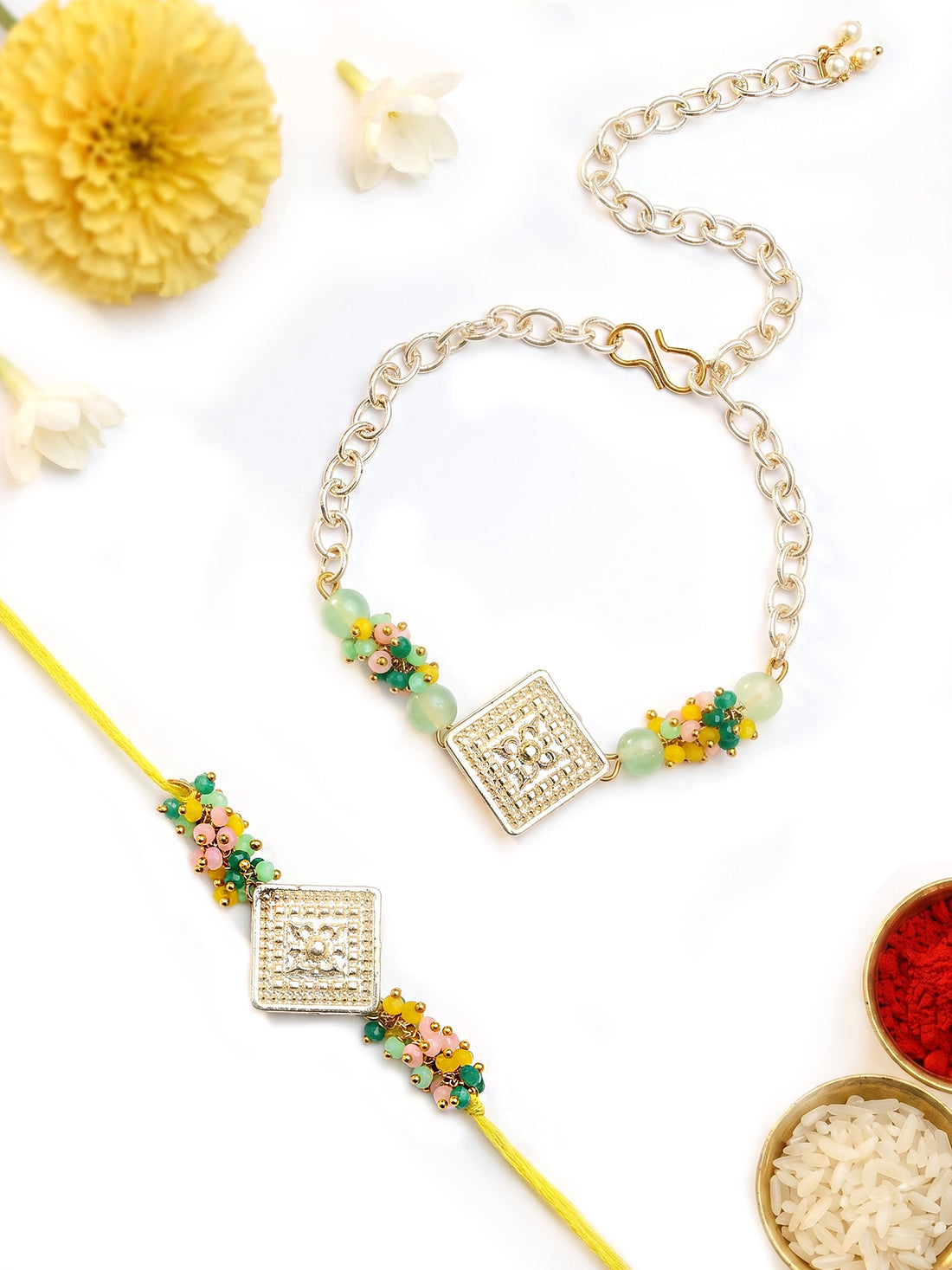 KARATCART Multicolor Crystal Handmade Gold Square Kundan Bhaiya Bhabhi Rakhi with Roli & Chawal