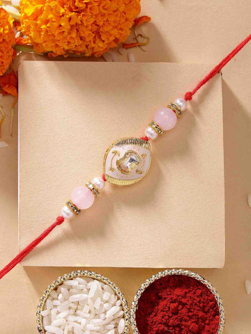 KARATCART Beautiful Peach Meena Oval Shape Handmade Kundan Rakhi for Brother with Roli & Chawal