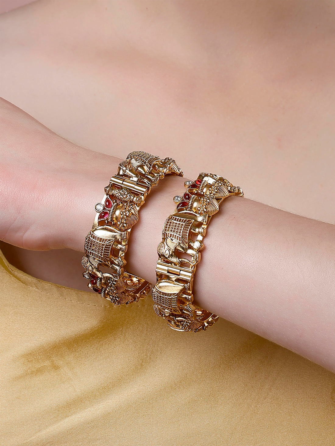 Karatcart Set of 2 Gold Plated Handi and Elephant Design Bangles for Women