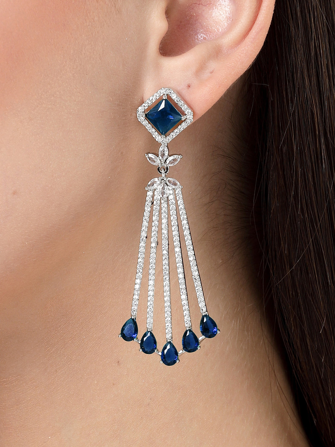 Karatcart Elegant Blue and White American Diamond Fan-Shaped Drop Earrings