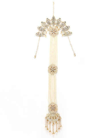 Karatcart Gold Plated Ethnic White Pearl and Kundan Juda Styles Hair Choti for Women