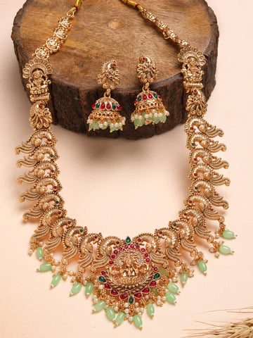 Karatcart Elegant Lime Green Tumble Gold Plated Laxmi Mata Rani Haar Temple Jewellery Set
