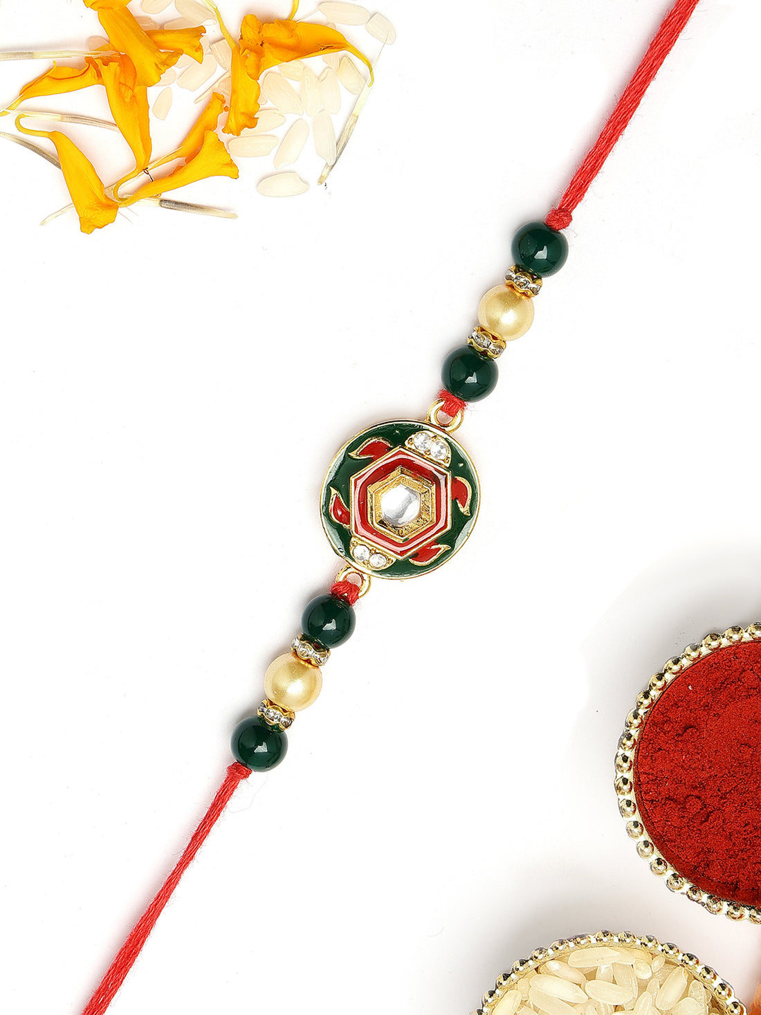 KARATCART Vibrant Red and Green Meena Handmade Polki Kundan Rakhi for Brother with Roli & Chawal