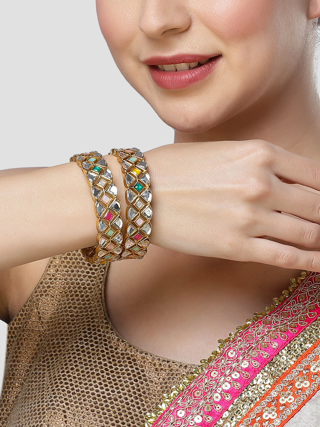 Karatcart Set of 2 Gold Plated Multicolor Kundan Bangles for Women