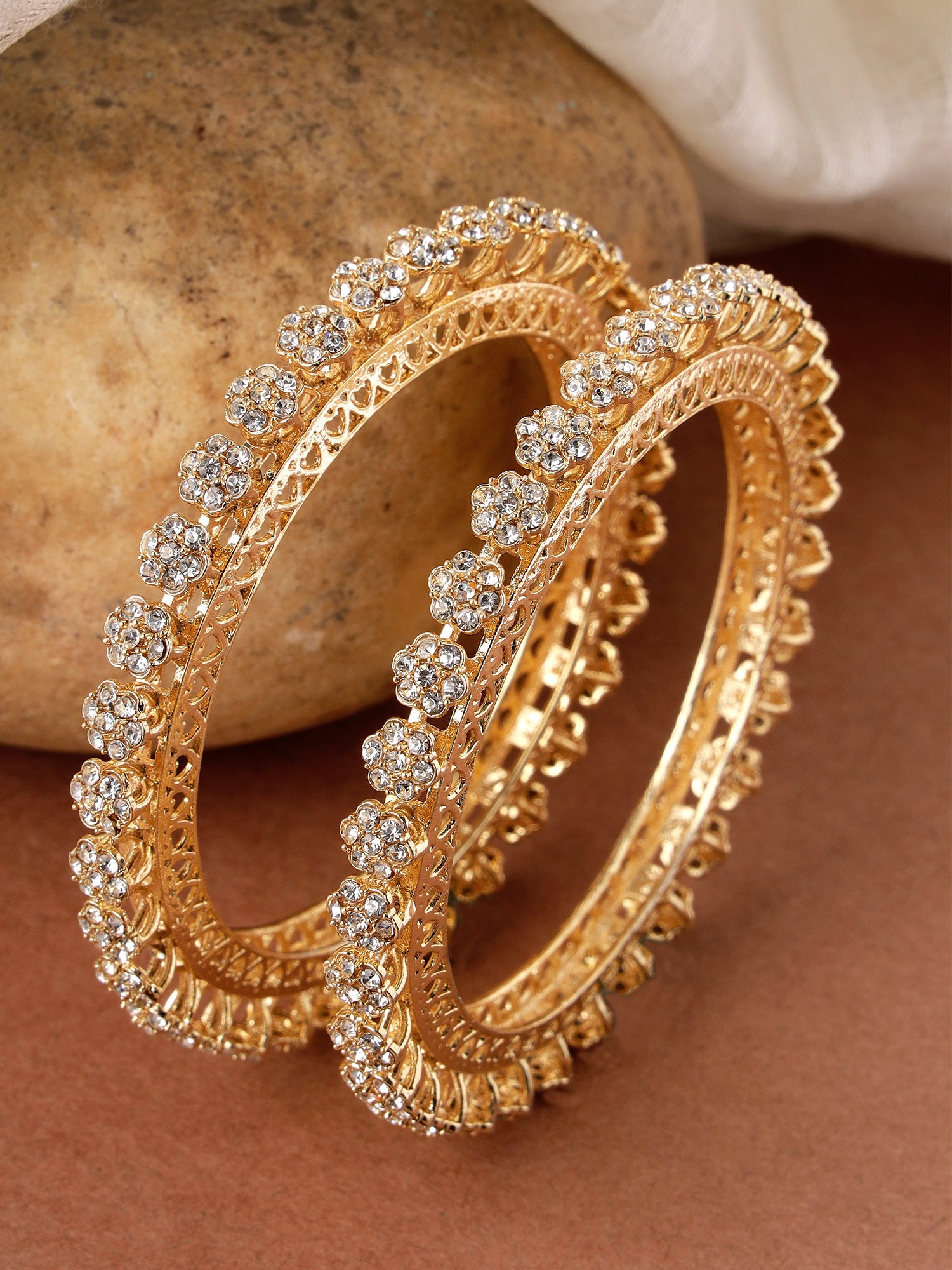 Karatcart Floral Design Set of 2 American Diamond Studded Gold Plated Bangles for Women