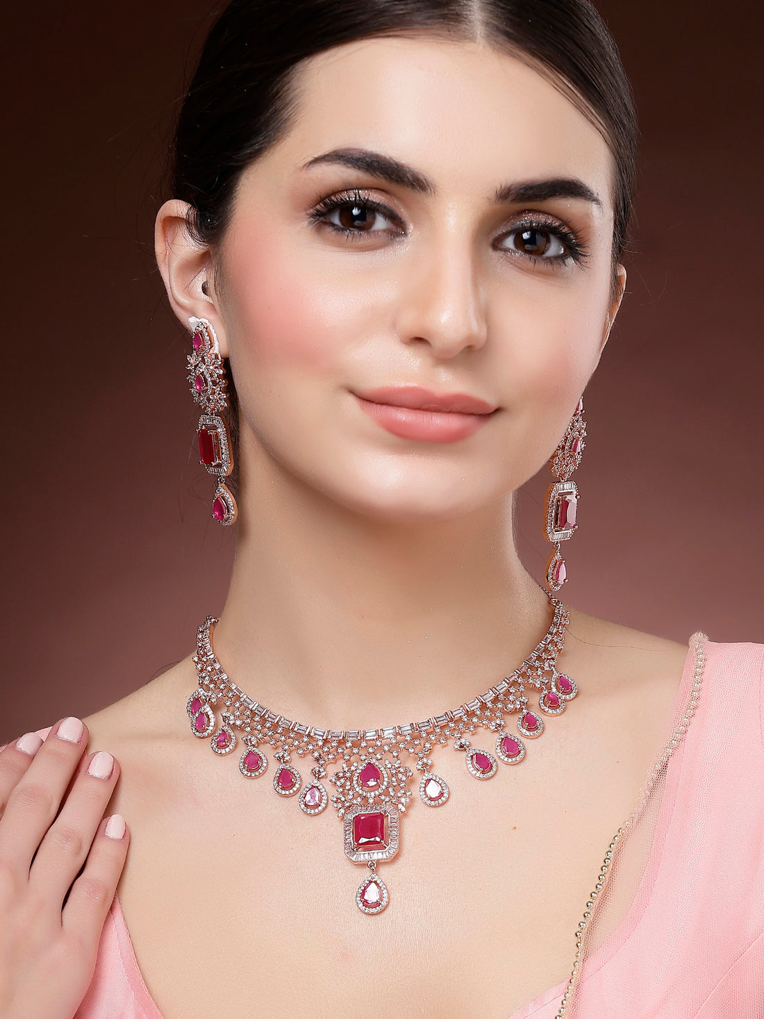 Karatcart Rose Gold Plated Red Stone American Diamond Necklace Set for Women