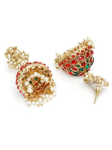 Karatcart Elegant Red and Green Stone Gold Plated Laxmi Mata Design Jhumki Earrings for Women