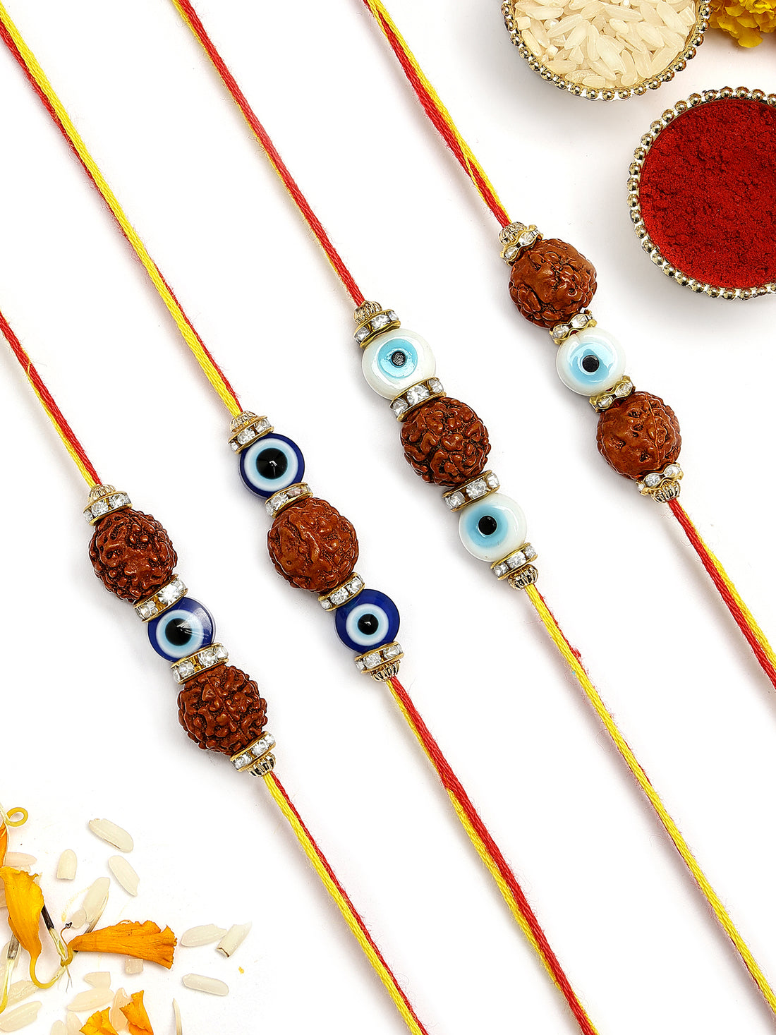 KARATCART Set of 4 Handmade Rudraksha Meenakari Evil Eye Kundan Rakhis for Brother with Roli and Chawal
