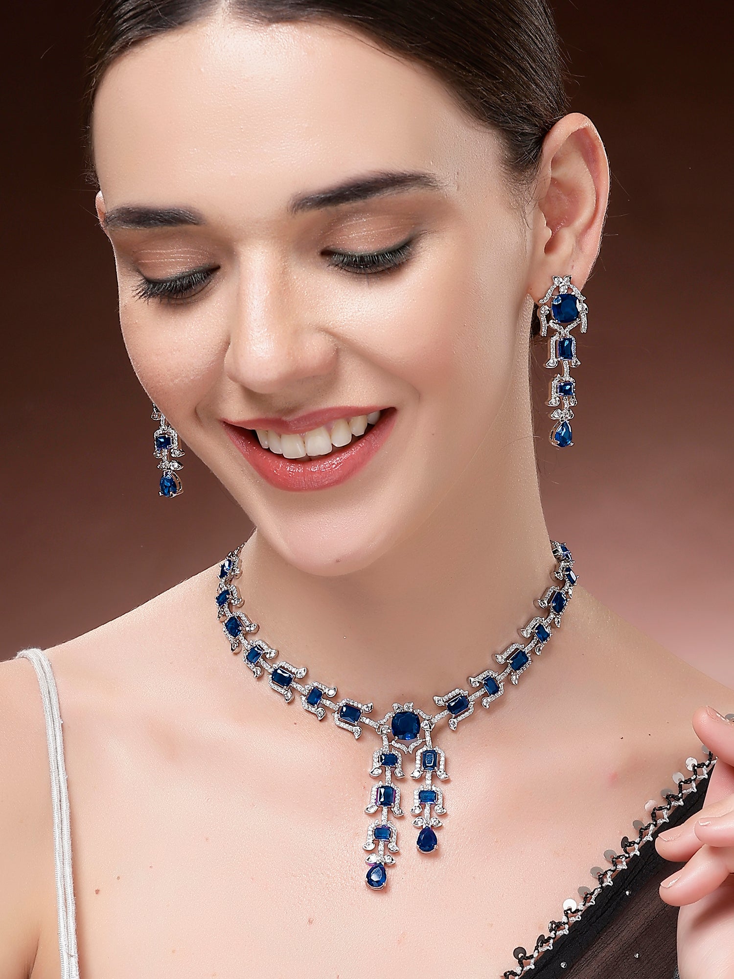 Karatcart Blue Traditional American Diamond Necklace Set for Women - view 2
