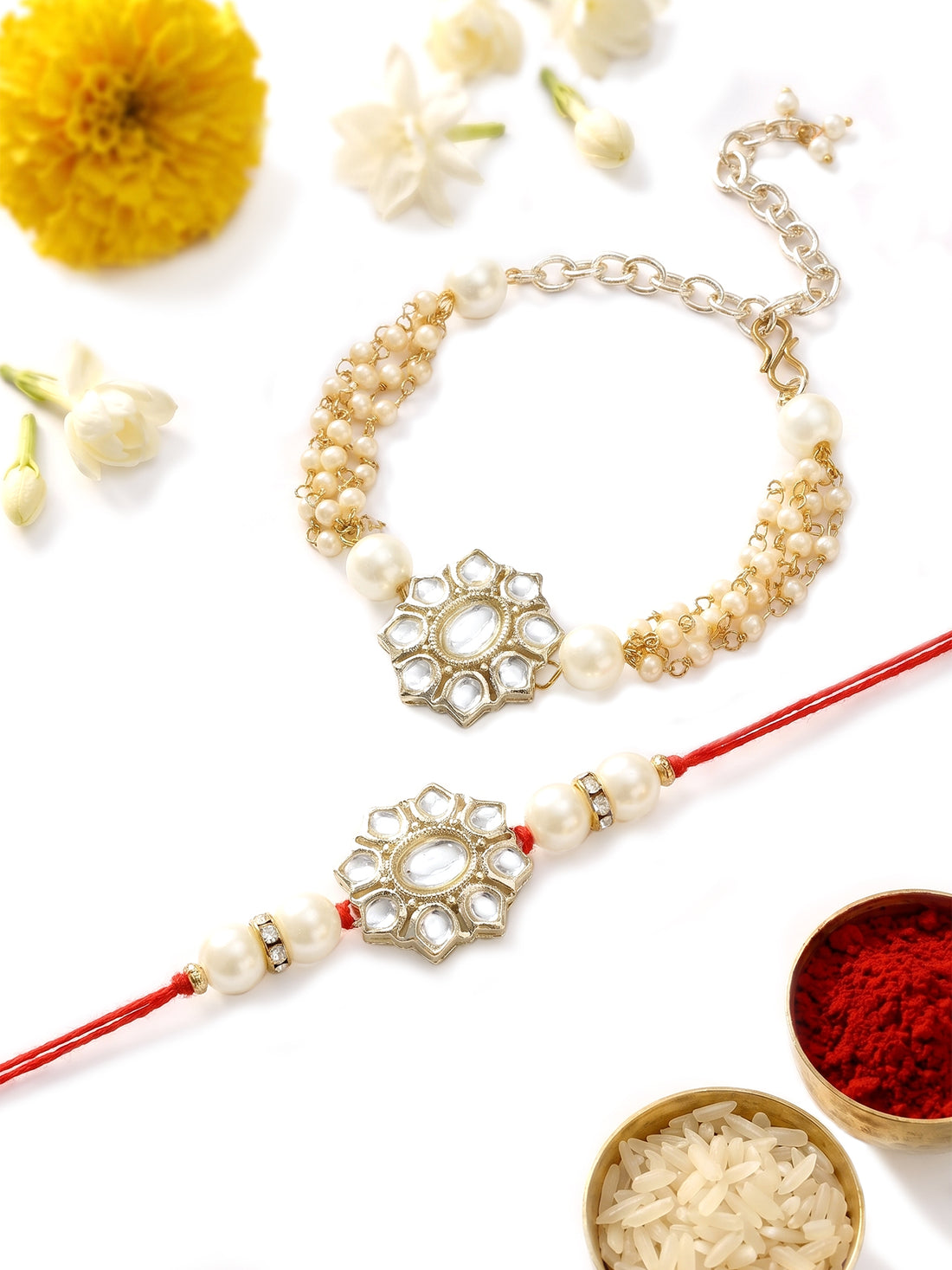 KARATCART Floral Design Pearl Beaded Handmade Kundan Bhaiya Bhabhi Rakhi with Roli and Chawal