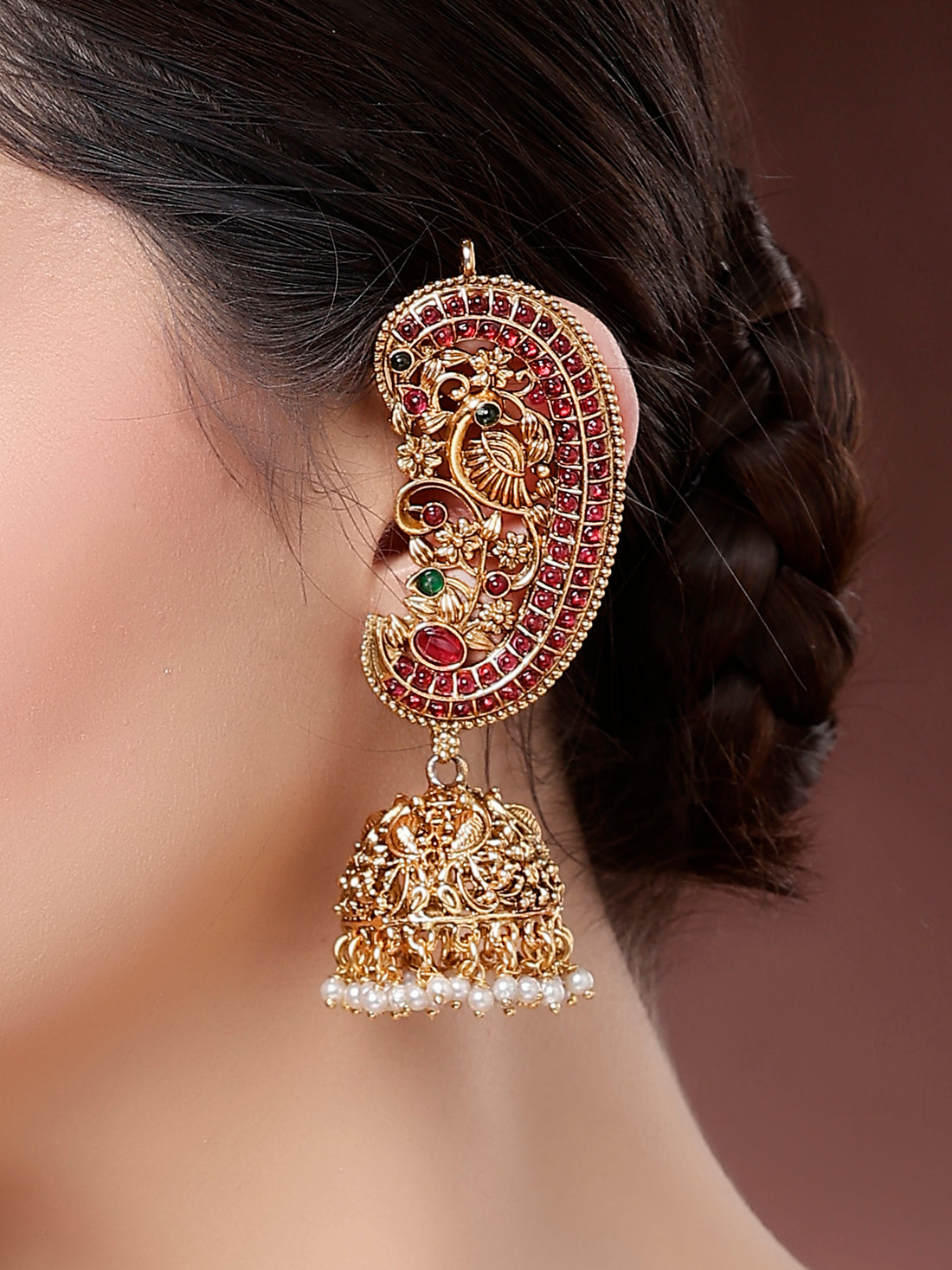 Karatcart Traditional Gold-Plated Red Stones Floral and Peacock Bird Carvings Jhumka Earrings