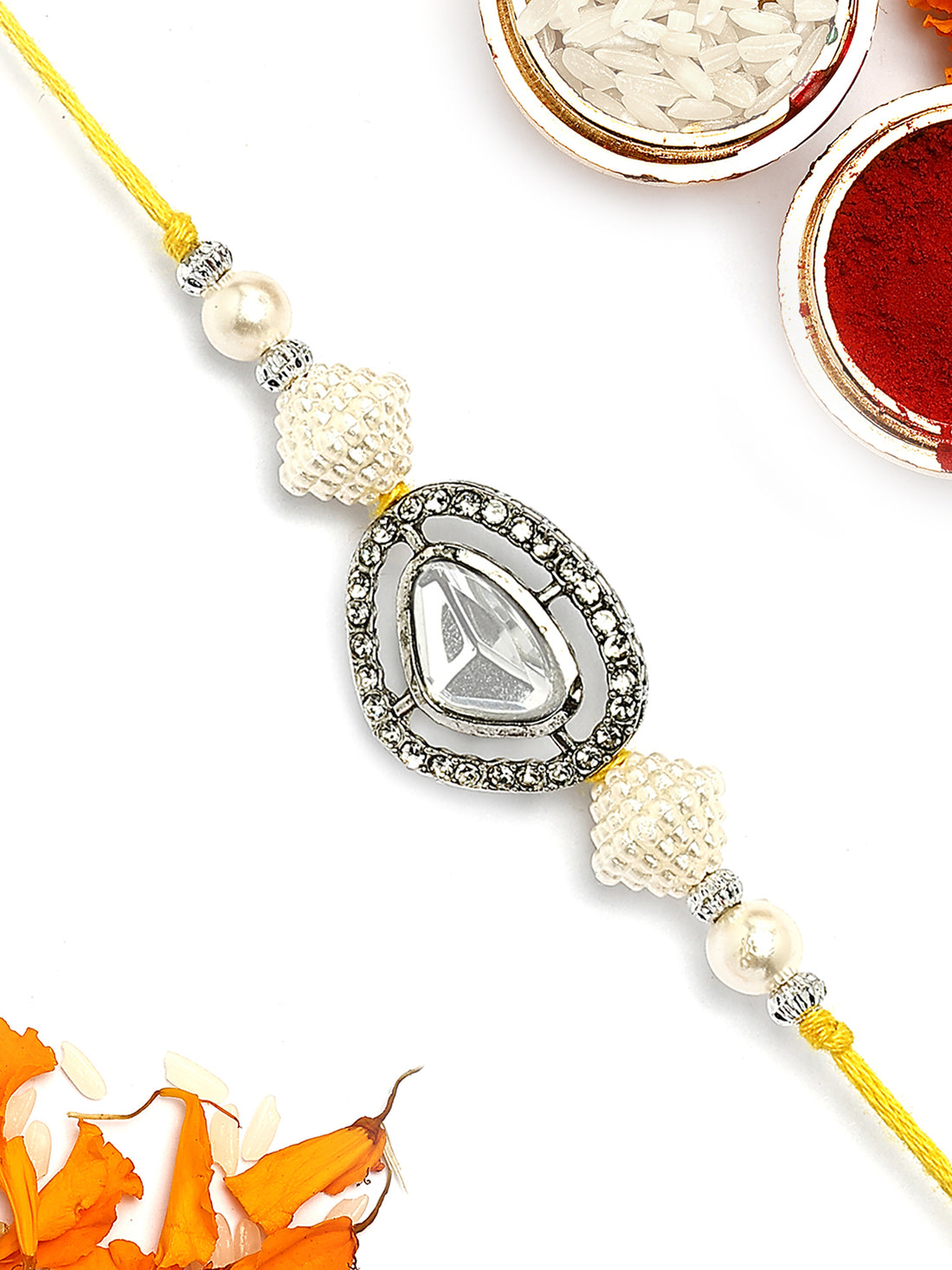 KARATCART White Beads Black Polki Kundan Bhaiya Rakhi with Roli & Chawal