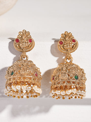 KARATCART Traditional Gold-Plated Jhumki Earrings with Red and Green Stones for Women