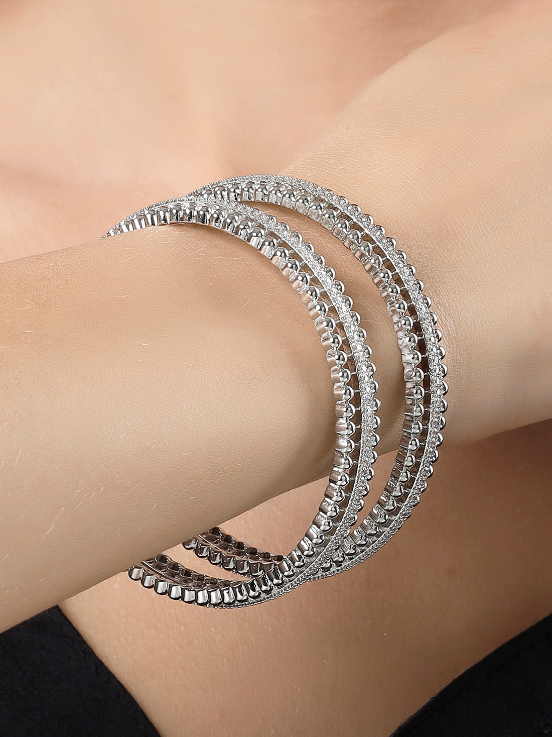Karatcart Silver Plated Set of 2 American Diamond Studded Bangles for Women