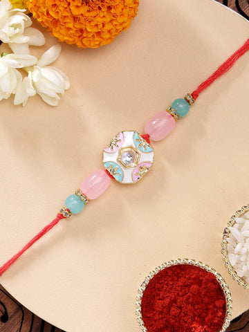 KARATCART Beautiful Pink and Light Blue Meena Handmade Kundan Rakhi for Brother with Roli & Chawal